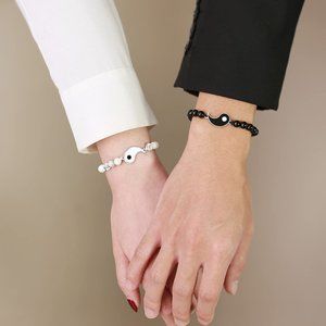 Couples Yin Yang Bracelet Set – Black & White Beaded Bagua Charm New